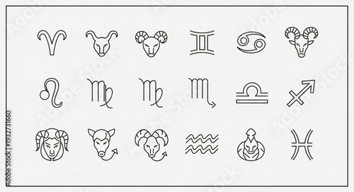 Zodiac signs symbols arranged in a grid, representing astrological concepts and celestial bodies.