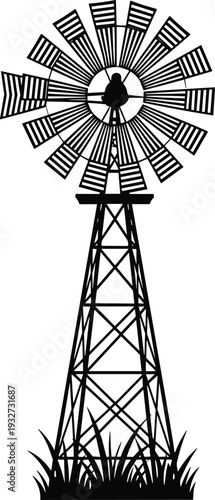 Rural windmill silhouette with rotating blades and metal tower, vintage farm water pump illustration isolated on light background