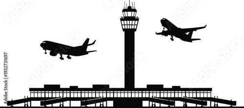 Airport control tower and passenger airplanes silhouettes, aviation terminal with runway infrastructure illustration isolated on light background