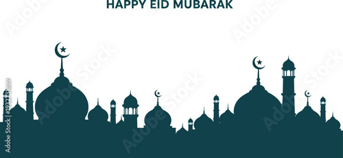 A continuous dark teal silhouette displays a sprawling cityscape of numerous mosque domes and tall minarets against white.