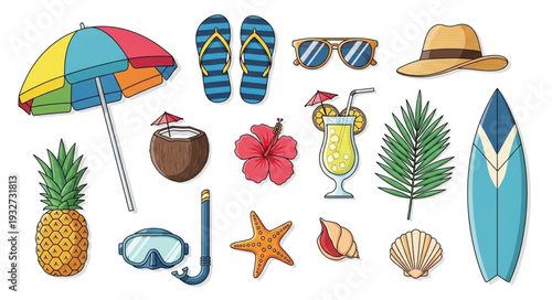 Collection of colorful summer beach vacation items and accessories for relaxation.