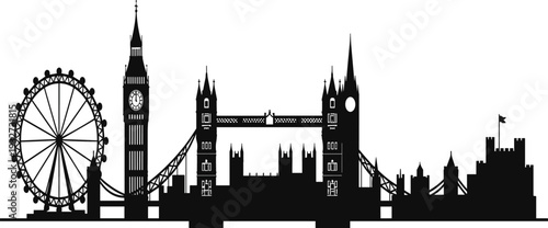 London skyline silhouette featuring Tower Bridge and Big Ben, iconic England landmarks cityscape illustration isolated on light background