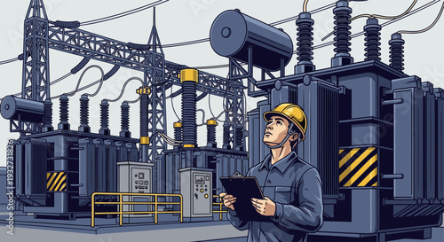 An engineer wearing a hardhat stands holding a clipboard, inspecting the large transformers and equipment in an electrical power substation. The illustration is detailed and could be used for energy.