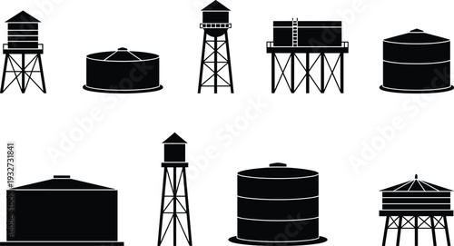 Industrial water tower and storage tank silhouettes set, minimalist black infrastructure icons isolated on light background for construction design