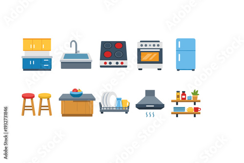 Kitchen flat icon set. Cooking, appliances, and dining icons flat collection