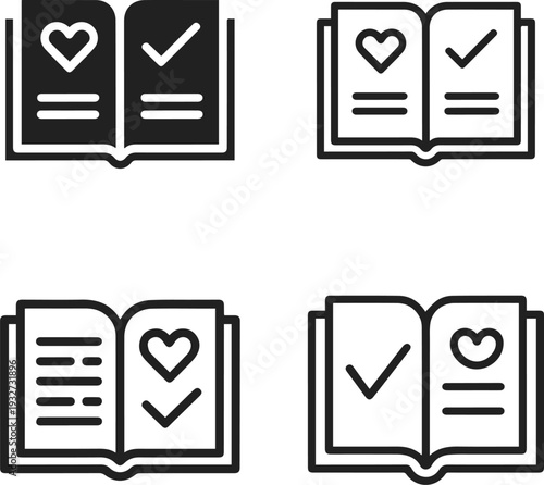 Collection of four stylized open book icons with various check marks and heart symbols