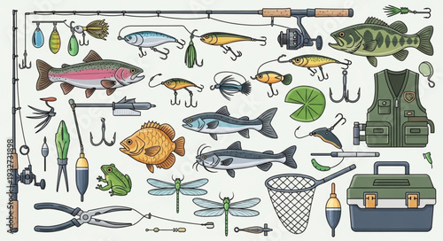 Fishing gear and equipment illustration, various tools and items for angling.