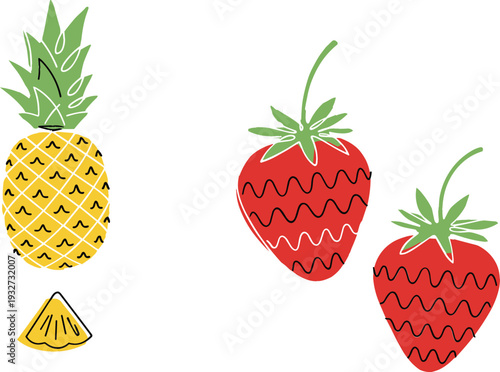 Cute pineapple and strawberry cartoon vector illustration set with colorful tropical fruits and sliced elements for healthy food, kids designs, packaging, and summer projects