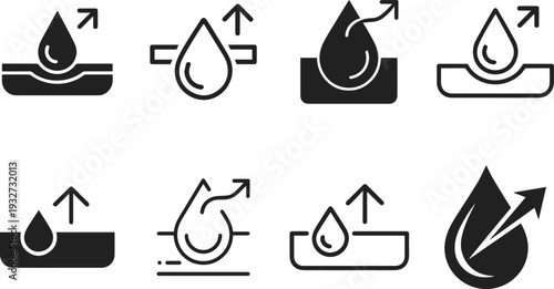 Collection of eight stylized icons depicting liquid absorption and evaporation processes for various materials and surfaces.