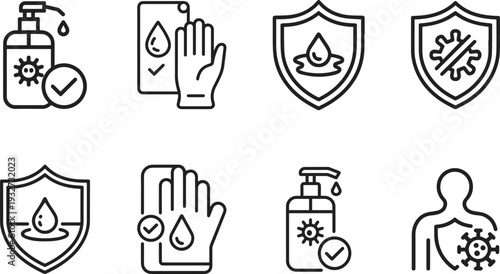 A collection of eight line art icons representing hygiene and protection against viruses and germs.