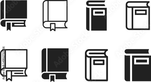 Collection of eight stylized book icons with varying designs and filled or outlined styles