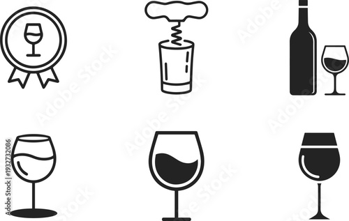 Collection of Six Wine-Themed Icons Featuring Glasses, Bottle, Corkscrew, and Award Ribbon