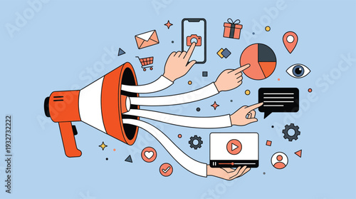 Digital marketing megaphone icon set in line art style, social media, e-commerce, analytics, engagement, and content creation