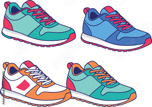 Colorful sport sneakers collection illustration, modern running shoes set isolated on light background for fashion and fitness design
