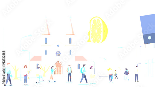 Church Building with People Walking Outside.