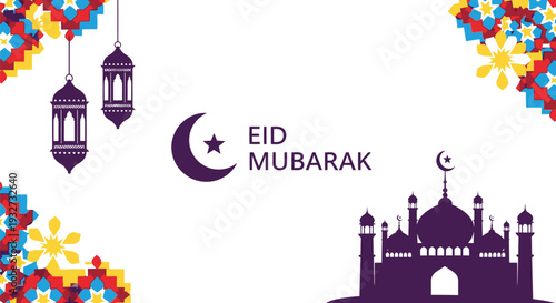 Purple mosque illustration sits beside hanging lanterns and geometric floral borders surrounding the phrase Eid Mubarak text.