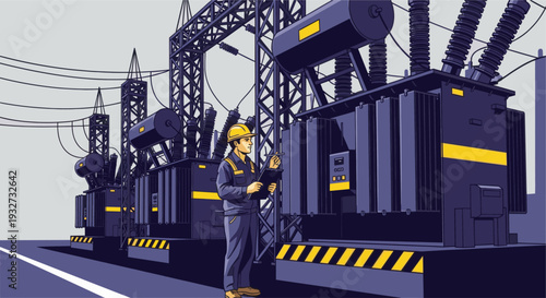 Cartoon-style illustration of a male inspector with a clipboard inspecting high voltage electrical transformers at a power substation, rendered in shades of gray, yellow and blue.