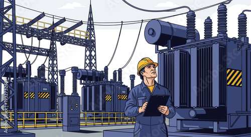 Cartoon style image of an electrical worker in a hard hat inspecting transformers at a power substation, holding a clipboard, in front of machinery.