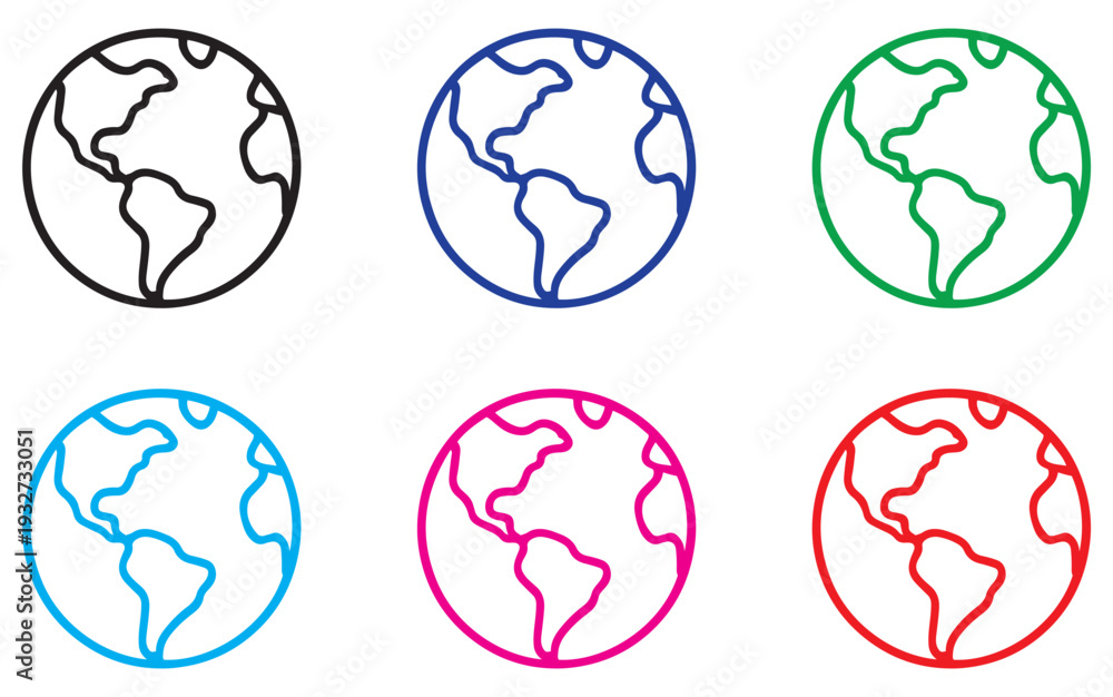 Obraz premium earth globe and world map icon set, colorful outline symbols