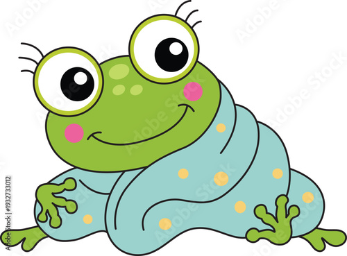 Adorable Little Green Frog Wrapped In A Polka Dot Blanket