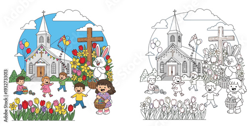 Joyful Easter Church Celebration with Children, Bunny, and Cross Coloring Page