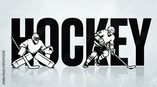 Hockey Typography Vector Illustration | Bold Text with Goalie and Player Figures | Black and White Ice Hockey Vector Clipart, Sports Logo, Dynamic Graphic Design Assets