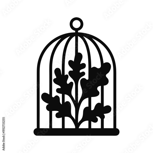 Minimalist illustration of plant in cage isolated on White Background
