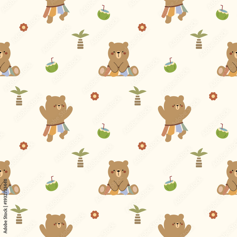 Fototapeta premium Bear and skirt dance cartoon is cute. On tree coconut flower background. Pattern seamless vector illustration. 