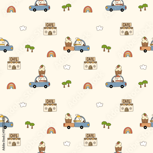 Rabbit truck cupcake cartoon so cute. On tree rainbow cloud cafe background.  Pattern seamless vector illustration. 
