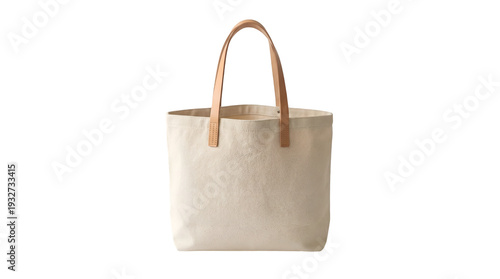 Beige Canvas Tote Handbag with Leather Handles.