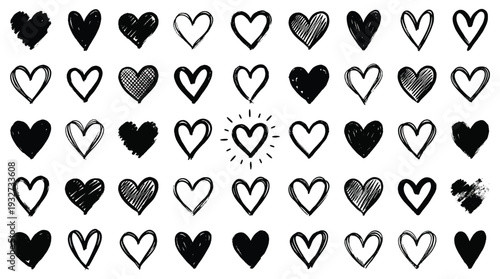 Hand drawn heart icons collection in sketch style, love symbols, romance, emotion, and passion