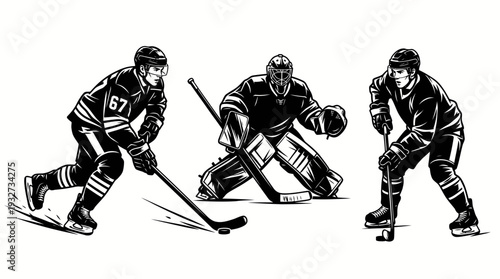 Dynamic Ice Hockey Vector Silhouettes and Illustrations | Black and White Hockey Vector Players, Goalie, Skating, Shooting, Celebrating, Victory Emblem, Sports Clipart Design Assets