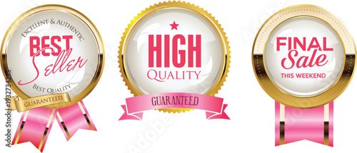 Three gold and pink sale badges for best seller high quality and final sale