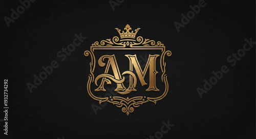 Elegant golden monogram logo with crown and intricate details on black background.