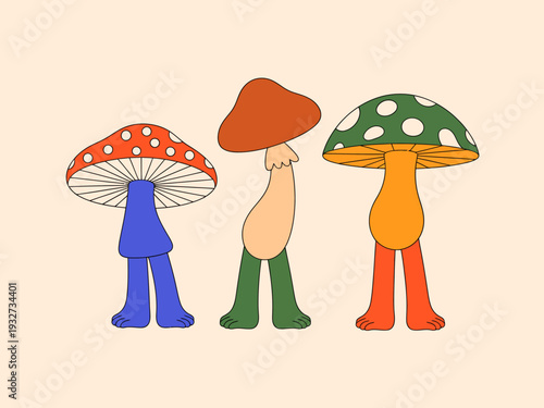 Groovy cartoon mushrooms with legs and feet in retro psychedelic style
