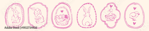 Cute doodle frame set, Easter spring holiday border, whimsical childish bunny line illustration. Hand drawn festive traditional egg decoration print, vintage postcard design. Rabbit doodle frame art