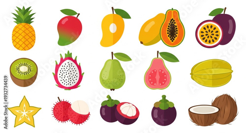 Collection of various tropical fruits, showcasing diverse shapes, colors, and textures for culinary and visual appeal.