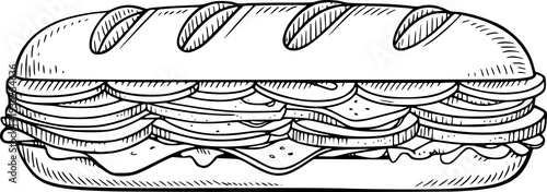 Hand drawn of a long sandwich filled with meat cheese and lettuce food bread