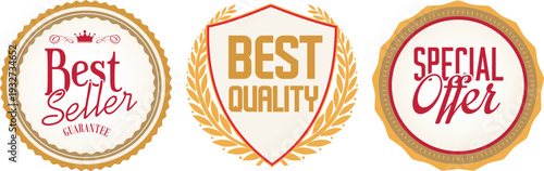 Three gold seals for best seller, best quality, and special offer