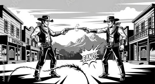 Cowboys in a tense standoff, guns drawn, ready to duel in the wild west town.