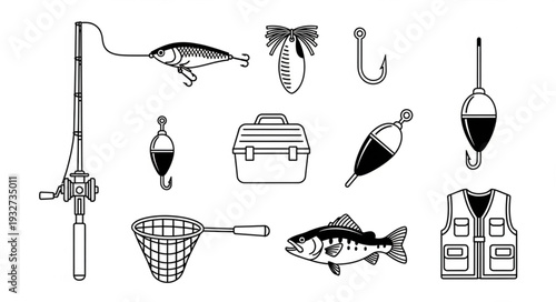 Fishing gear illustration - rod, fish, hooks, tackle box, net, and vest.