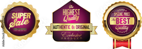 Three gold and purple quality guarantee badges for sale and product authenticity