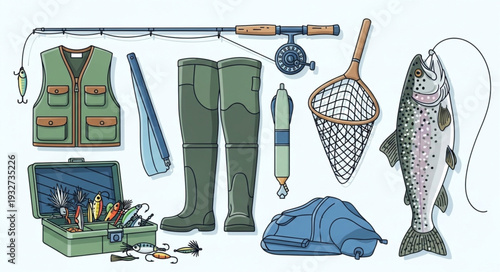 Fishing gear and equipment set, ready for a day of angling and catching fish.