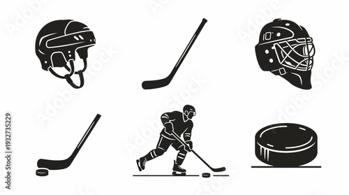 Hockey Vector Icon Set | Black and White Hockey Sticks, Pucks, Goalie Masks, Motion Effects, Sports Equipment Clipart, Ice Hockey Logo and Graphic Design Assets