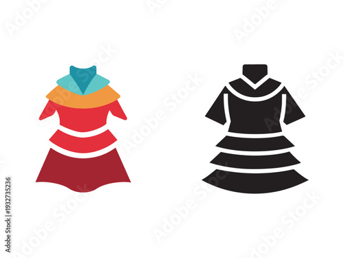 Multicolored and black dress designs with layered skirts and collars on white background  fashion illustrations