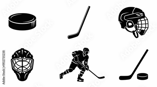 Hockey Vector Icon Set | Black and White Hockey Sticks, Pucks, Goalie Masks, Motion Effects, Sports Equipment Clipart, Ice Hockey Logo and Graphic Design Assets