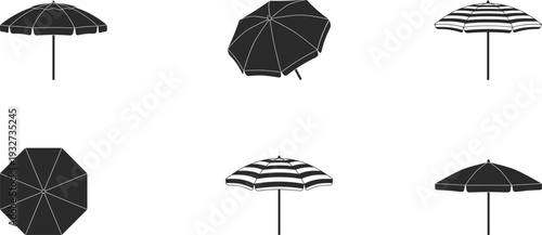 Beach umbrella icons set, summer sunshade parasol collection isolated for vacation, seaside relaxation, travel, resort and tropical holiday design