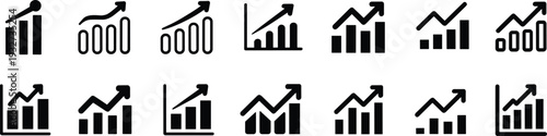 Business growth bar chart icons, upward arrow statistics, financial success analytics, data visualization progress, corporate performance improvement, economic increase illustration
