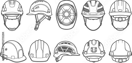Construction safety helmet collection with industrial hard hats in multiple views isolated for engineering, building industry, worker protection and workplace safety equipment design