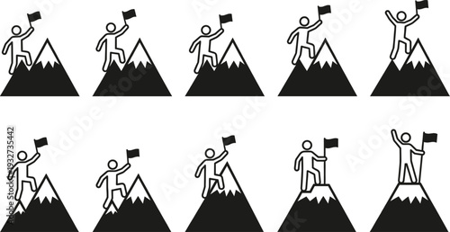 Mountain success and goal achievement icon set showing climber reaching summit with flag, leadership, motivation, challenge and business success concept illustrations